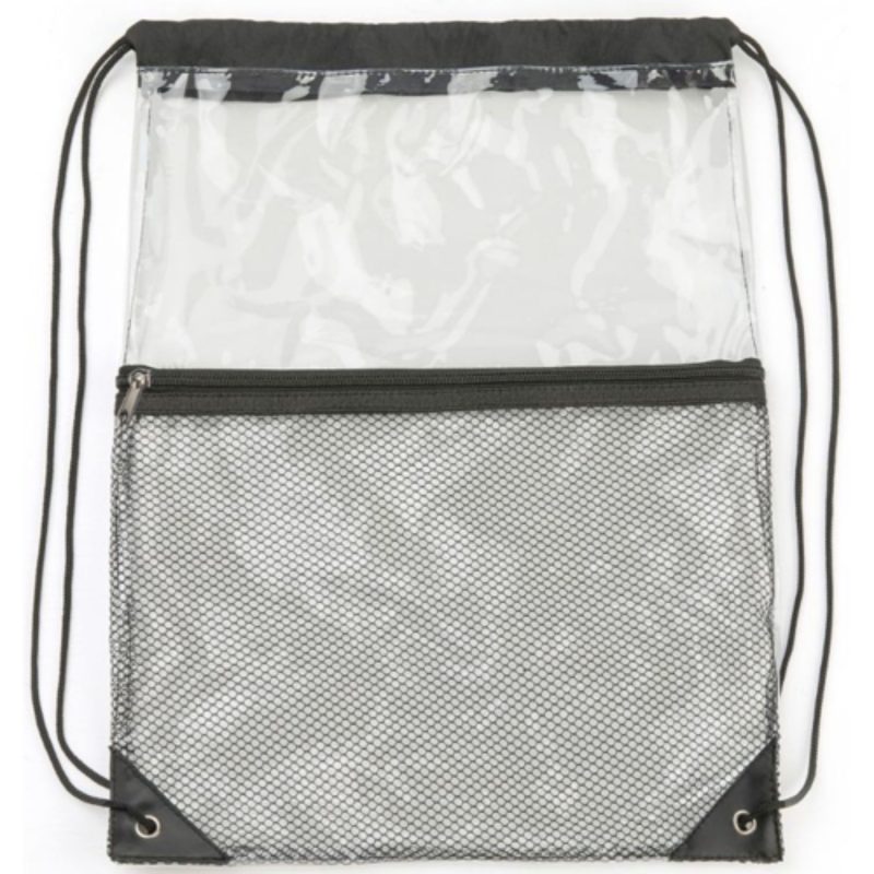 Custom Clear PVC Drawstring Cinch Sack Backpack With Front Zipper Mesh Pocket - 1