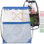 Custom Clear PVC Drawstring Cinch Sack Backpack With Front Zipper Mesh Pocket