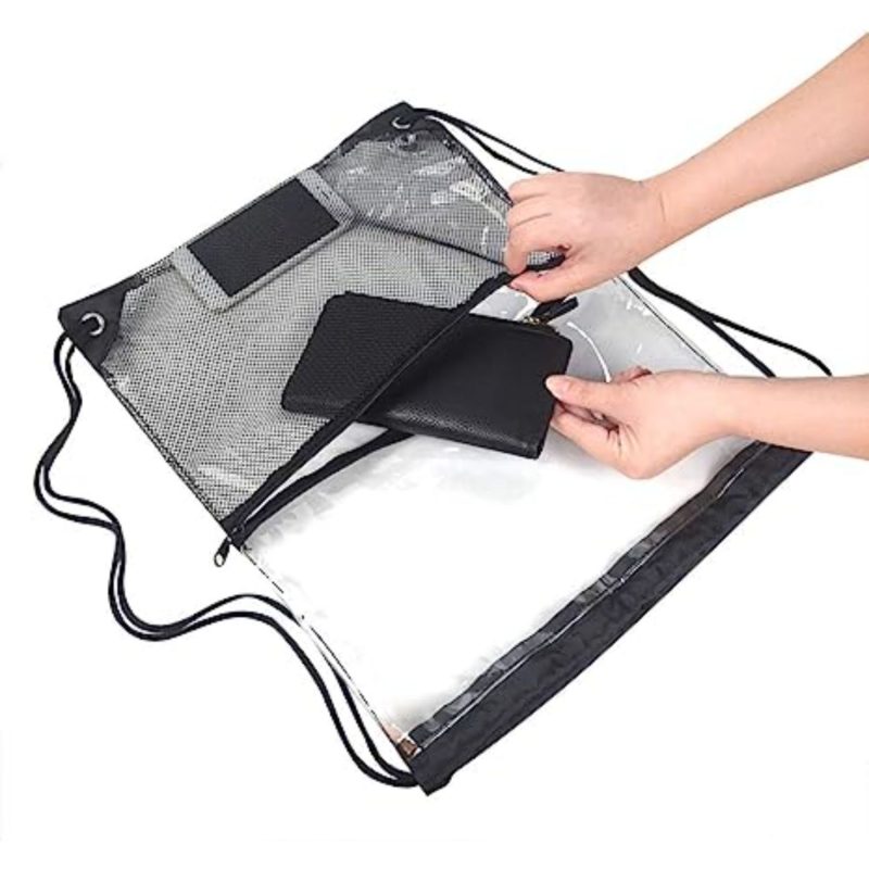 Custom Clear PVC Drawstring Cinch Sack Backpack With Front Zipper Mesh Pocket - 3