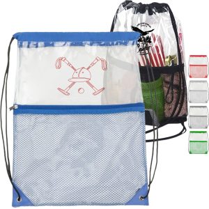 Custom Clear PVC Drawstring Cinch Sack Backpack With Front Zipper Mesh Pocket