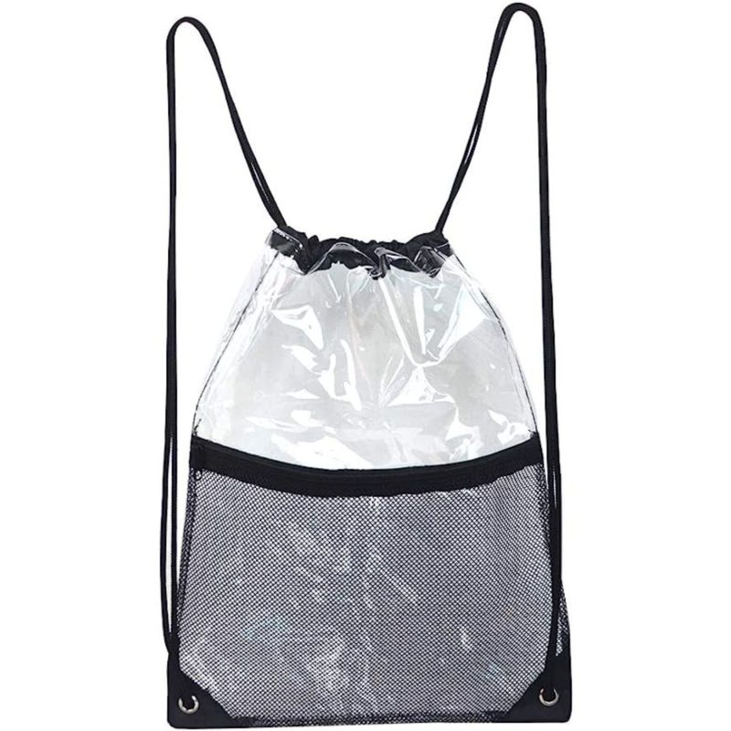 Custom Clear PVC Drawstring Cinch Sack Backpack With Front Zipper Mesh Pocket - 4