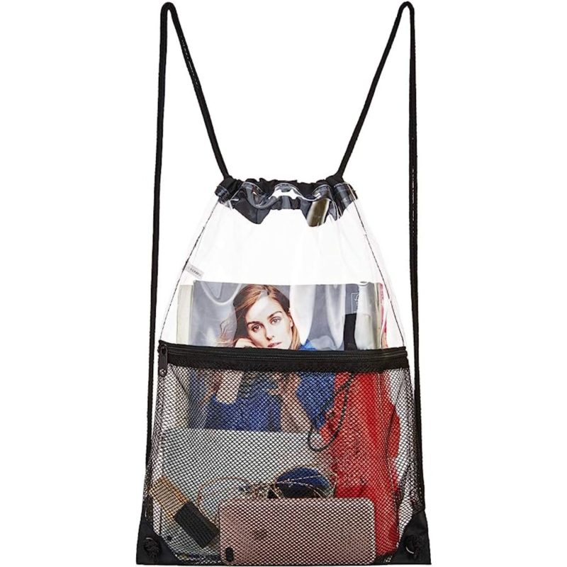 Custom Clear PVC Drawstring Cinch Sack Backpack With Front Zipper Mesh Pocket - 5