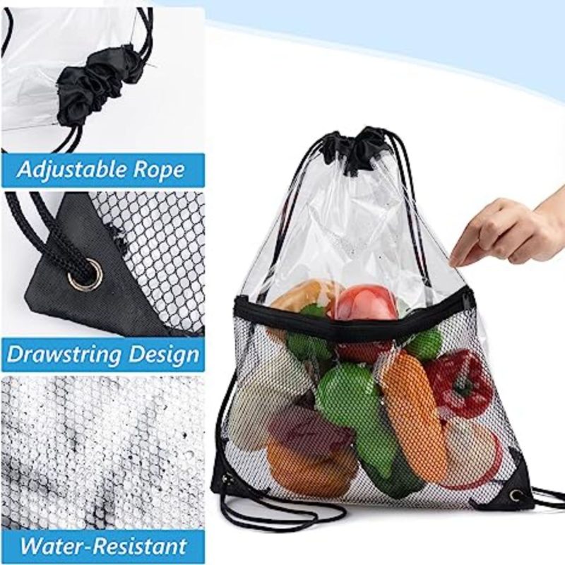 Custom Clear PVC Drawstring Cinch Sack Backpack With Front Zipper Mesh Pocket - 8