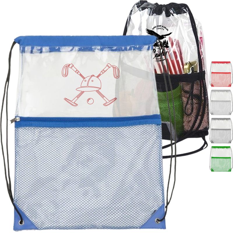 Custom Clear PVC Drawstring Cinch Sack Backpack With Front Zipper Mesh Pocket