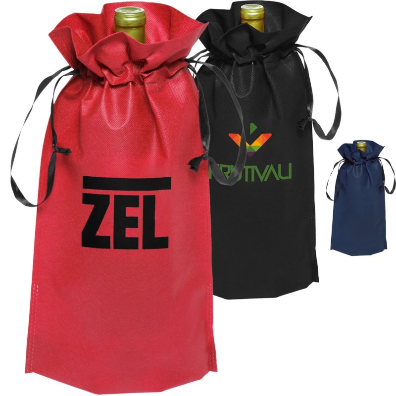 Custom Non-Woven Bottle Drawstring Bags w/ Custom Imprint
