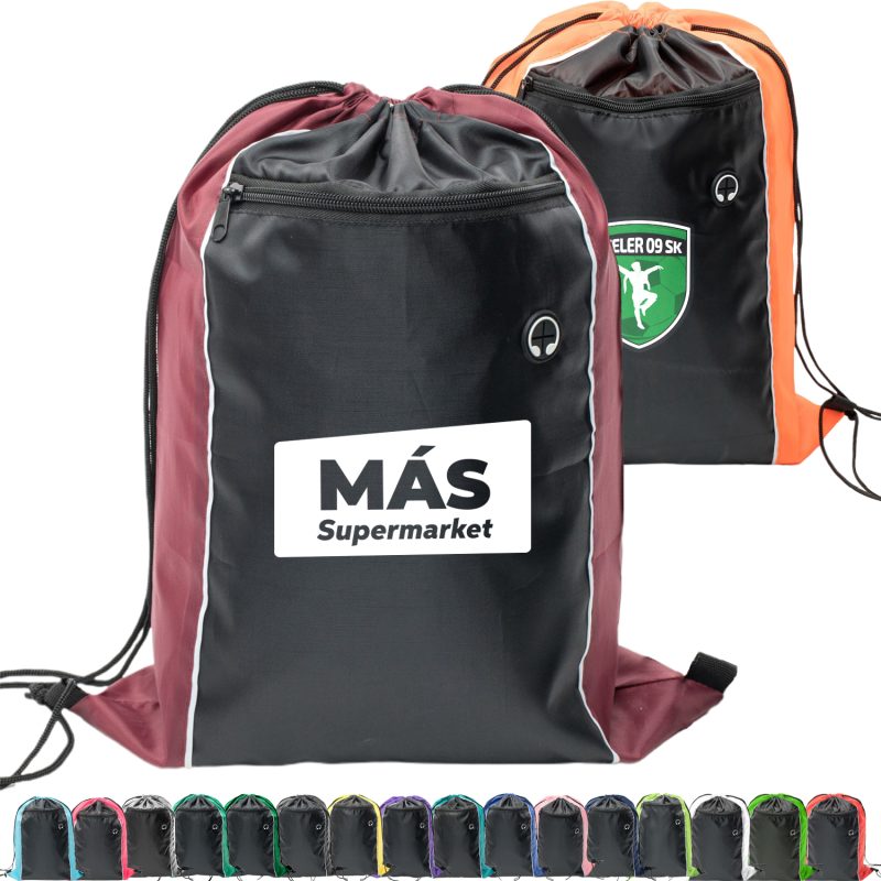 Custom Tri-Color Drawstring Backpack with Earphone Slot & Front Zipper (14" x 18")