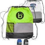 Custom Tri Color Front Pocket Drawstring Backpacks w/ Custom Imprint