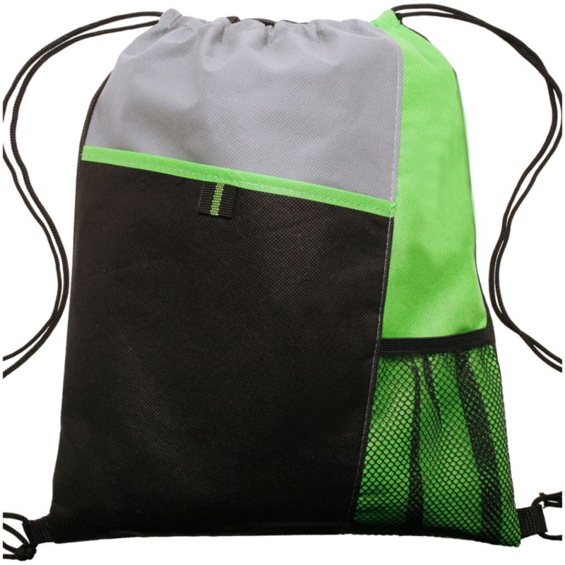 Custom Tri Color Non-Woven Drawstring Backpack W/ Mesh Pocket - 2