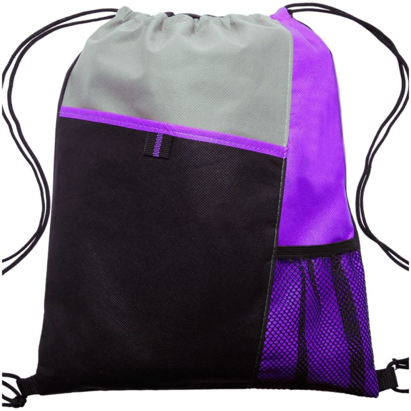 Custom Tri Color Non-Woven Drawstring Backpack W/ Mesh Pocket - 3