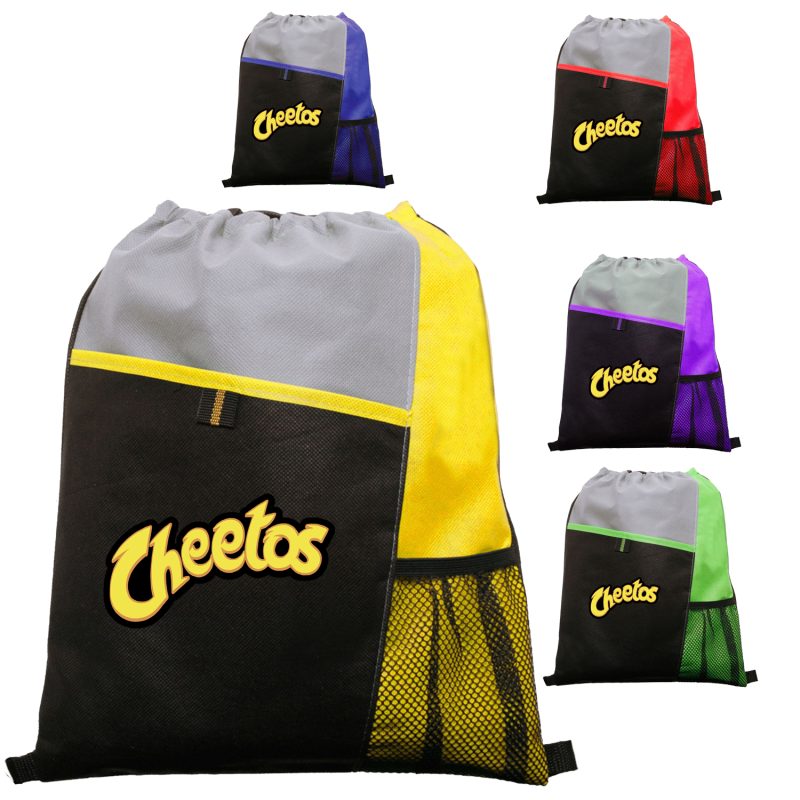 Custom Tri Color Non-Woven Drawstring Backpack W/ Mesh Pocket - 6