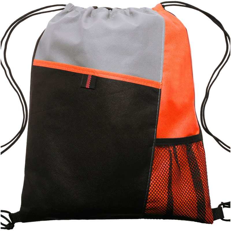 Custom Tri Color Non-Woven Drawstring Backpack W/ Mesh Pocket - 7