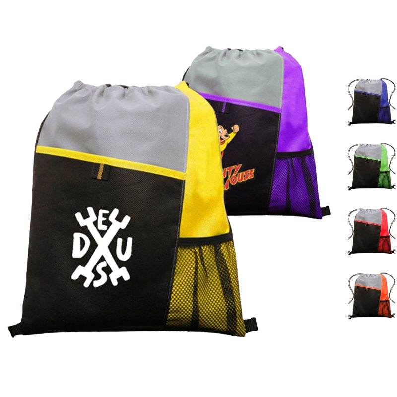Custom Tri Color Non-Woven Drawstring Backpack W/ Mesh Pocket
