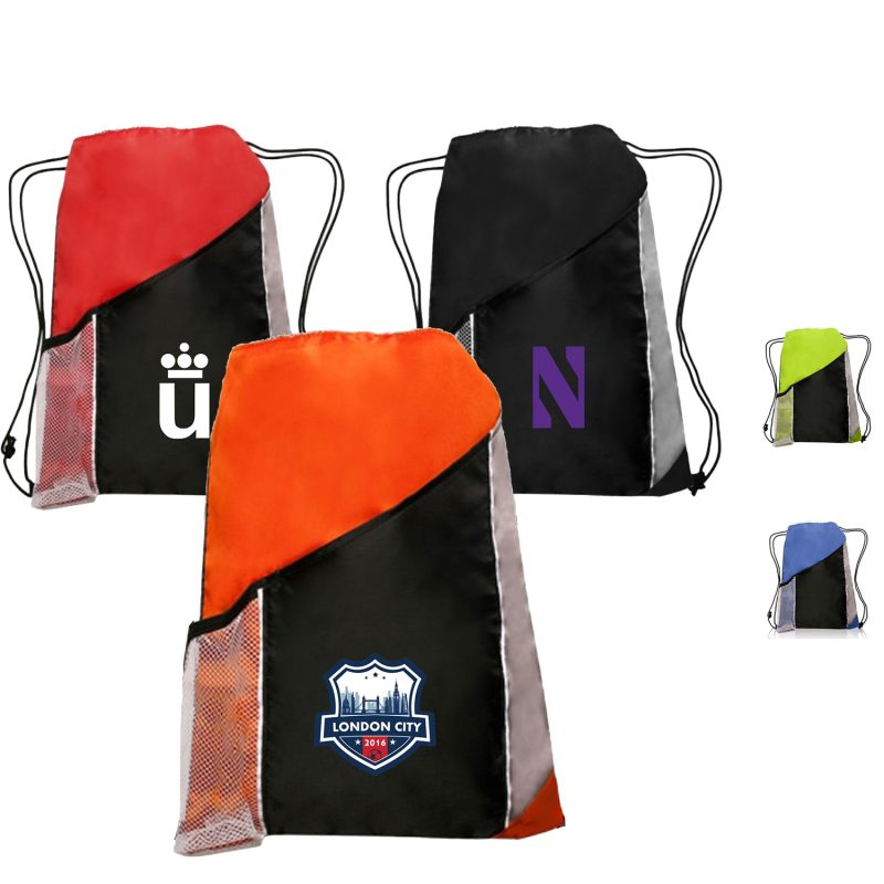 Custom Two Color Drawstring Backpacks with Side Bottle Mesh Pockets (13" x 17.75")