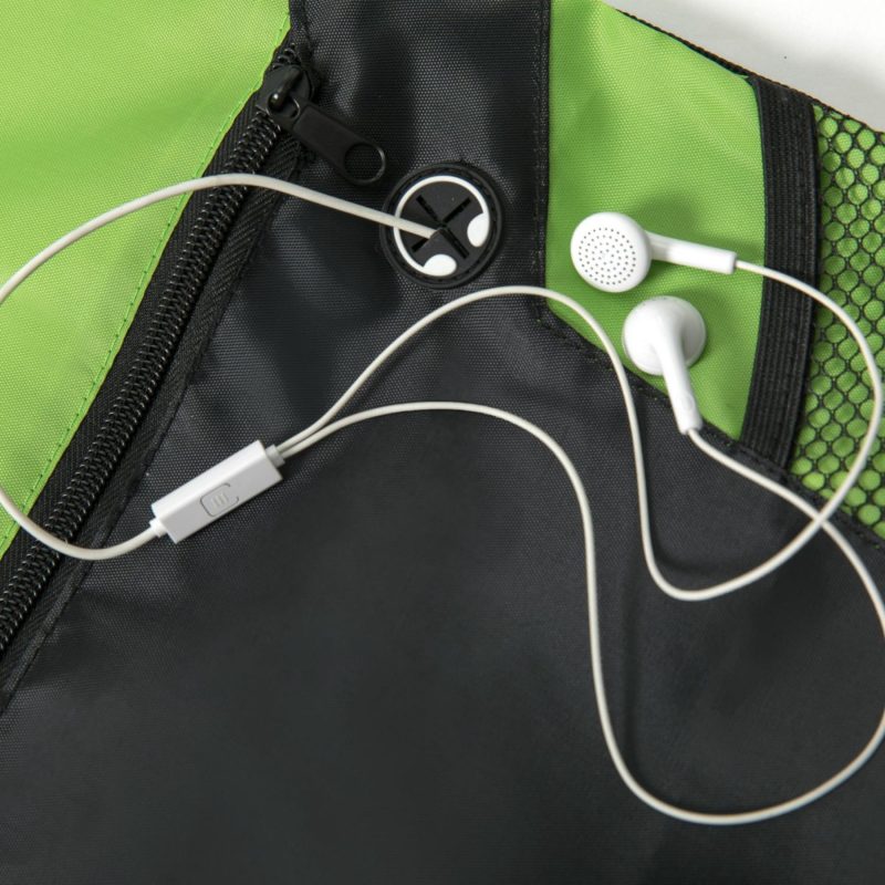 Custom Two-Tone Front Zipper Drawstring Bag with Side Mesh Pocket and Earphone Slot (14" x 18") - 3