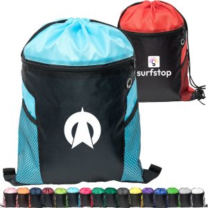 Custom Two-Tone Front Zipper Drawstring Bag with Side Mesh Pocket and Earphone Slot (14" x 18")