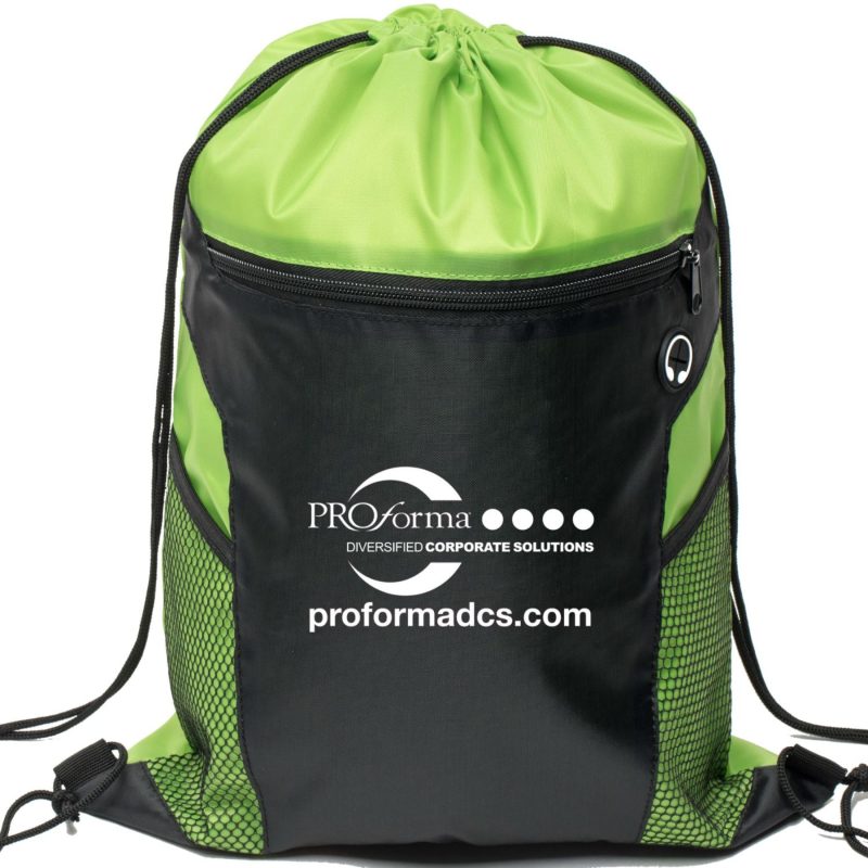 Custom Two-Tone Front Zipper Drawstring Bag with Side Mesh Pocket and Earphone Slot (14" x 18") - 7