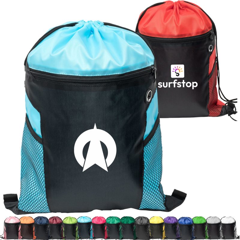 Custom Two-Tone Front Zipper Drawstring Bag with Side Mesh Pocket and Earphone Slot (14" x 18")