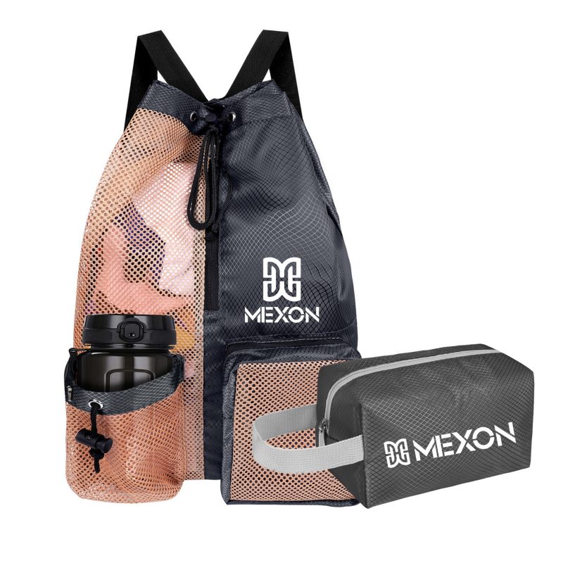 Custom Waterproof Mesh Drawstring Swim Backpack With Wet Pocket Toiletry Bag Set - 2