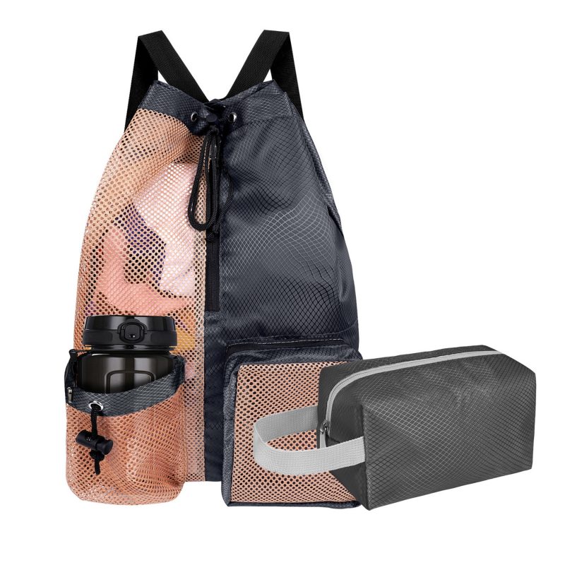 Custom Waterproof Mesh Drawstring Swim Backpack With Wet Pocket Toiletry Bag Set - 3