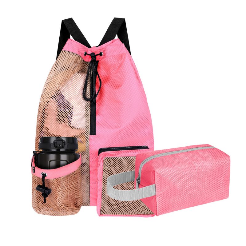 Custom Waterproof Mesh Drawstring Swim Backpack With Wet Pocket Toiletry Bag Set - 7