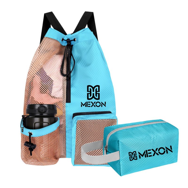 Custom Waterproof Mesh Drawstring Swim Backpack With Wet Pocket Toiletry Bag Set - 8