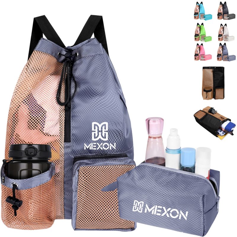 Custom Waterproof Mesh Drawstring Swim Backpack With Wet Pocket Toiletry Bag Set
