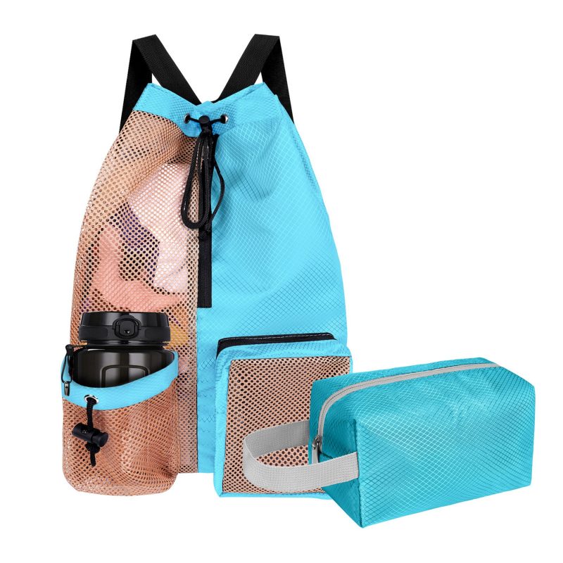 Custom Waterproof Mesh Drawstring Swim Backpack With Wet Pocket Toiletry Bag Set - 9